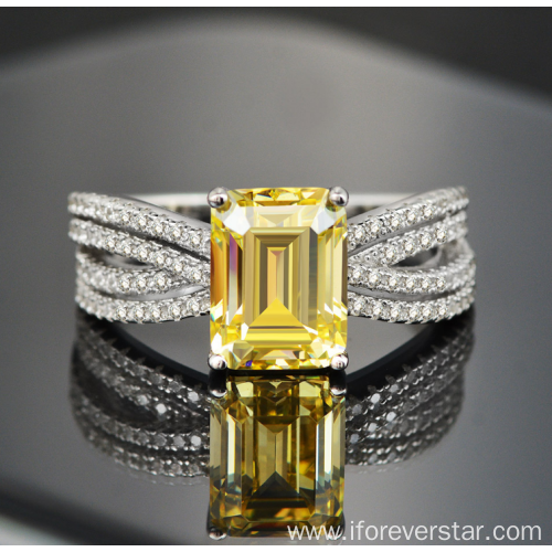 Yellow CZ Emerald Cut Rings Silver 925 Sterling